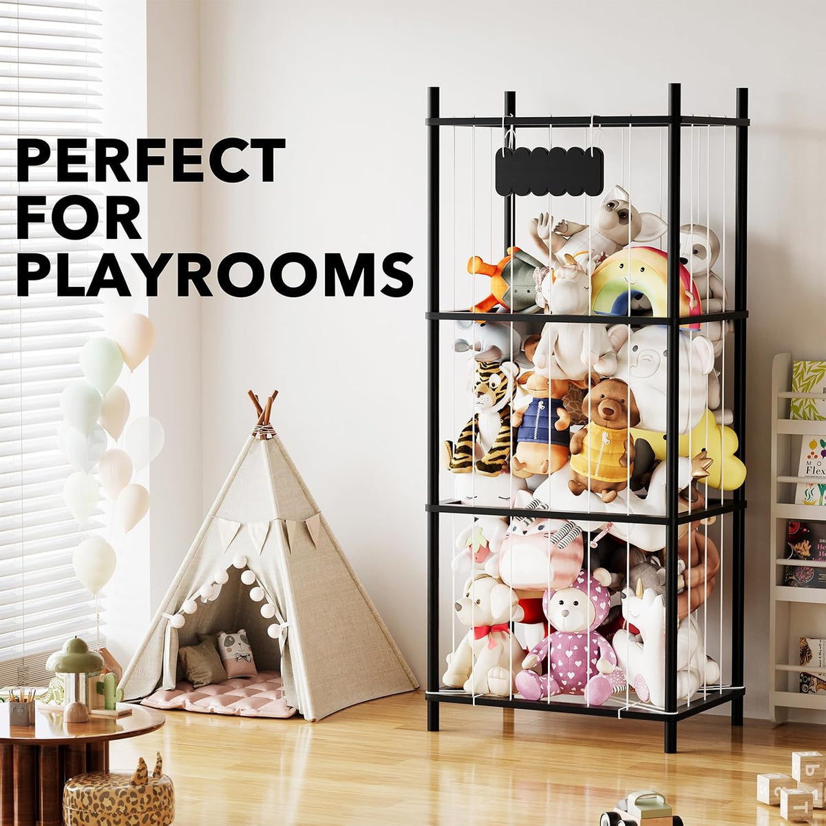 Stuffed Animal Storage Organizer, Wood Animals Zoo Toy Plushies Storage Holder, Large Capacity Plush Toy Cage for Playroom Organization, 15.8" Wide, Natural