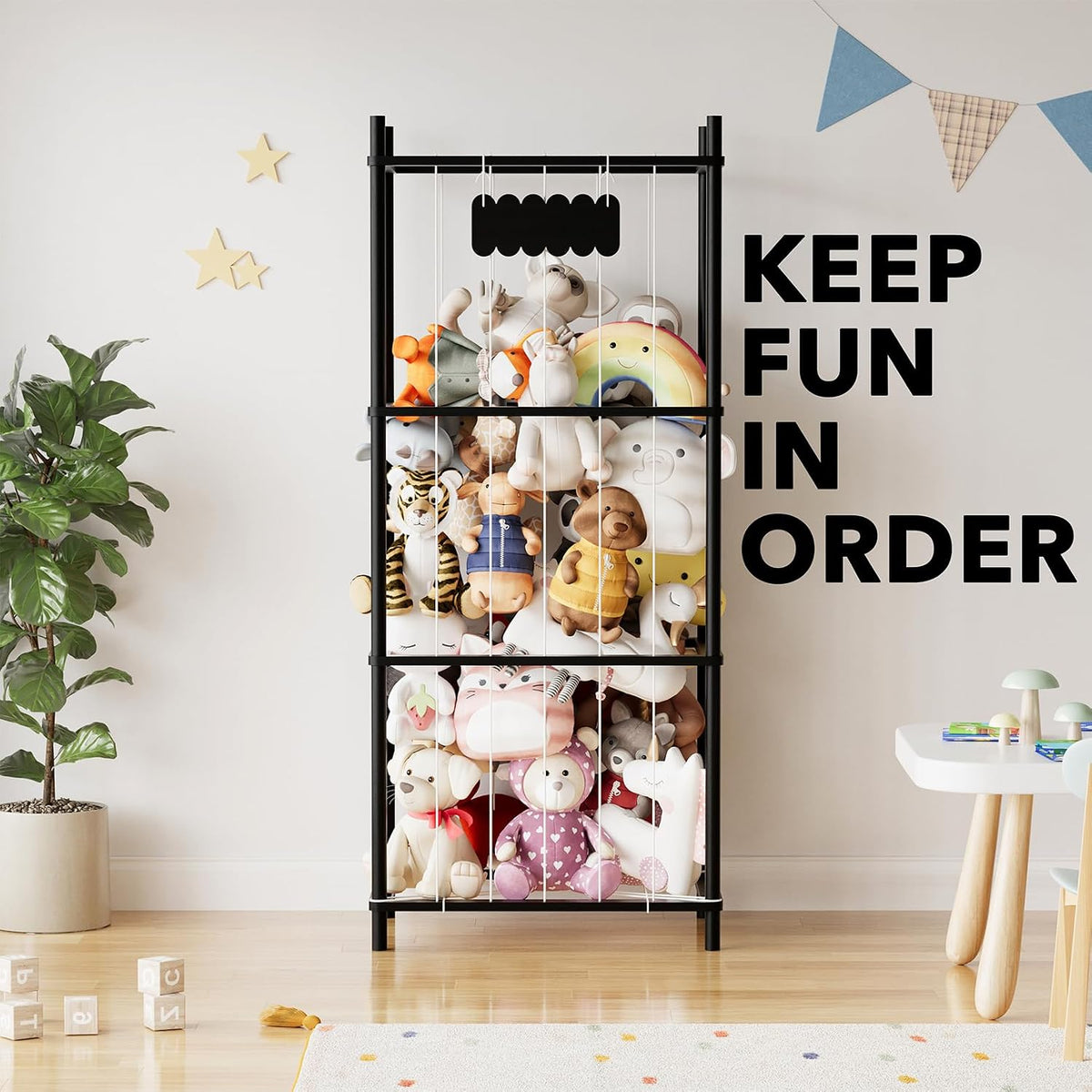 Stuffed Animal Storage Organizer, Wood Animals Zoo Toy Plushies Storage Holder, Large Capacity Plush Toy Cage for Playroom Organization, 15.8" Wide, Natural