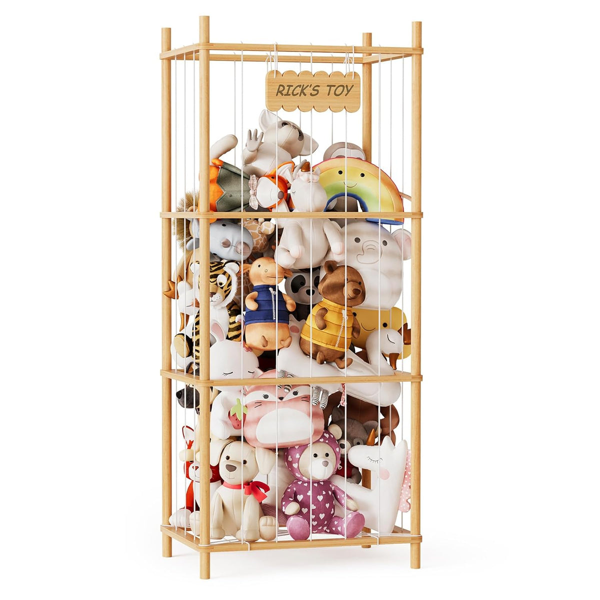 Stuffed Animal Storage Organizer, Wood Animals Zoo Toy Plushies Storage Holder, Large Capacity Plush Toy Cage for Playroom Organization, 15.8" Wide, Natural