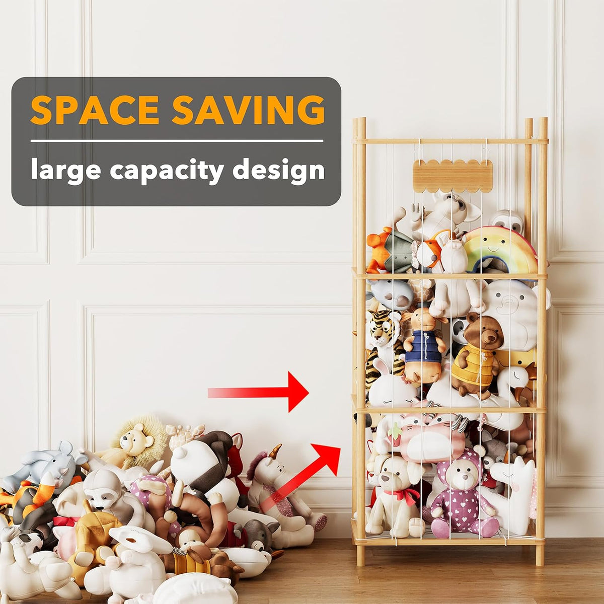 Stuffed Animal Storage Organizer, Wood Animals Zoo Toy Plushies Storage Holder, Large Capacity Plush Toy Cage for Playroom Organization, 15.8" Wide, Natural