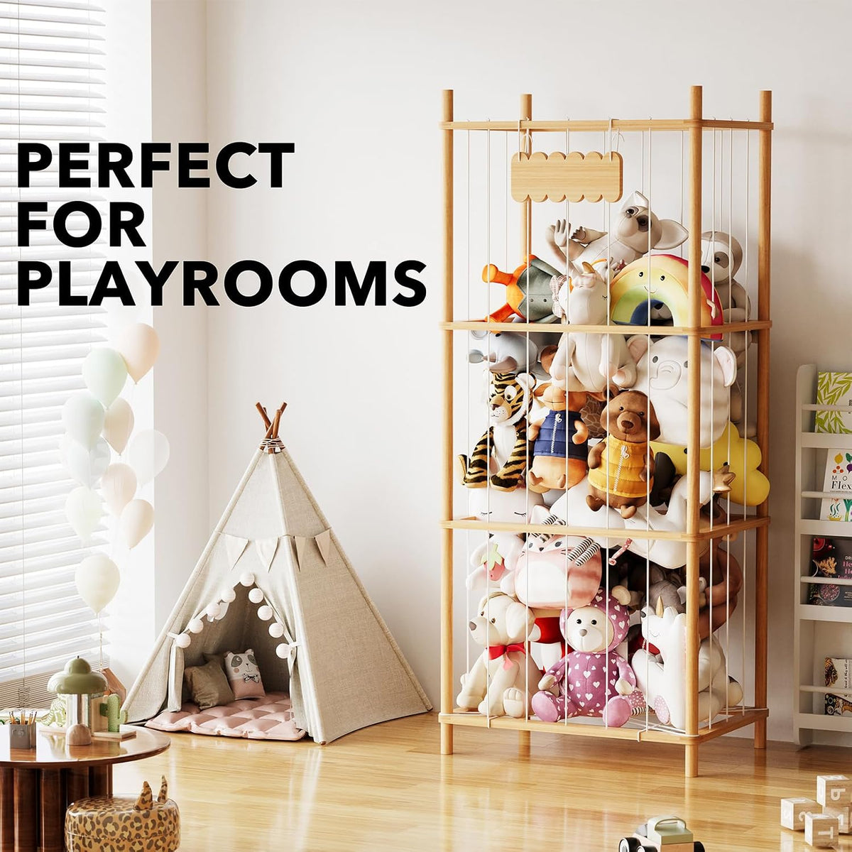 Stuffed Animal Storage Organizer, Wood Animals Zoo Toy Plushies Storage Holder, Large Capacity Plush Toy Cage for Playroom Organization, 15.8" Wide, Natural