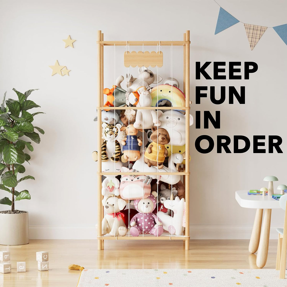 Stuffed Animal Storage Organizer, Wood Animals Zoo Toy Plushies Storage Holder, Large Capacity Plush Toy Cage for Playroom Organization, 15.8" Wide, Natural