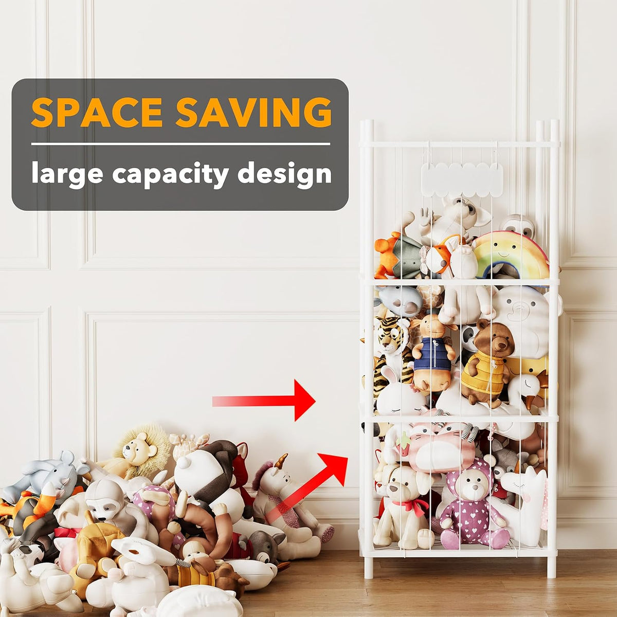 Stuffed Animal Storage Organizer, Wood Animals Zoo Toy Plushies Storage Holder, Large Capacity Plush Toy Cage for Playroom Organization, 15.8" Wide, Natural