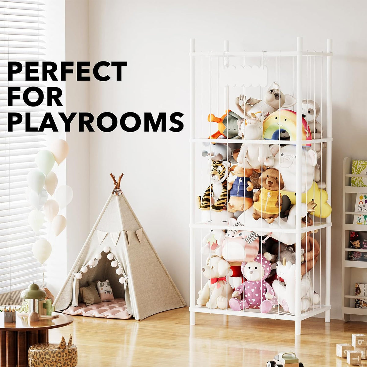 Stuffed Animal Storage Organizer, Wood Animals Zoo Toy Plushies Storage Holder, Large Capacity Plush Toy Cage for Playroom Organization, 15.8" Wide, Natural