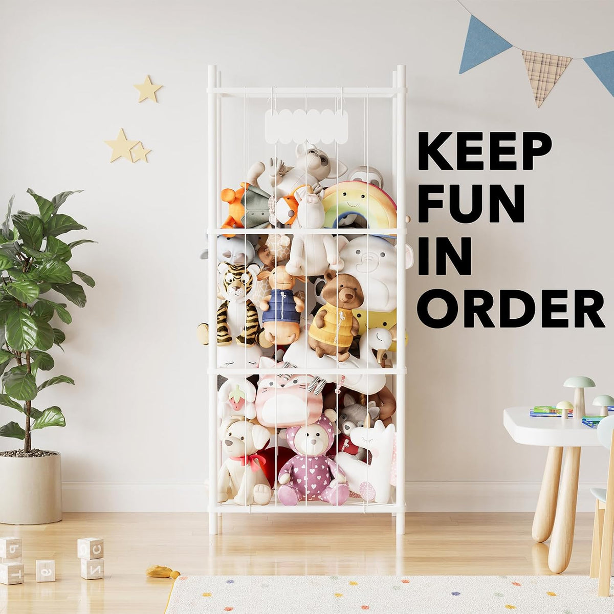 Stuffed Animal Storage Organizer, Wood Animals Zoo Toy Plushies Storage Holder, Large Capacity Plush Toy Cage for Playroom Organization, 15.8" Wide, Natural