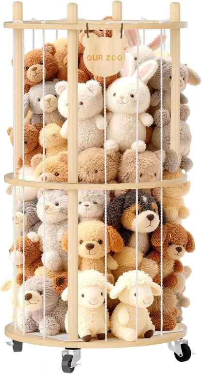 Toy Storage Chest Stuffed Animal Storage, 2-Tier Rotating Shelf with Natural Wood, Large Capacity Cylinder for Plush Toys & Home Decor, Living Room Organization