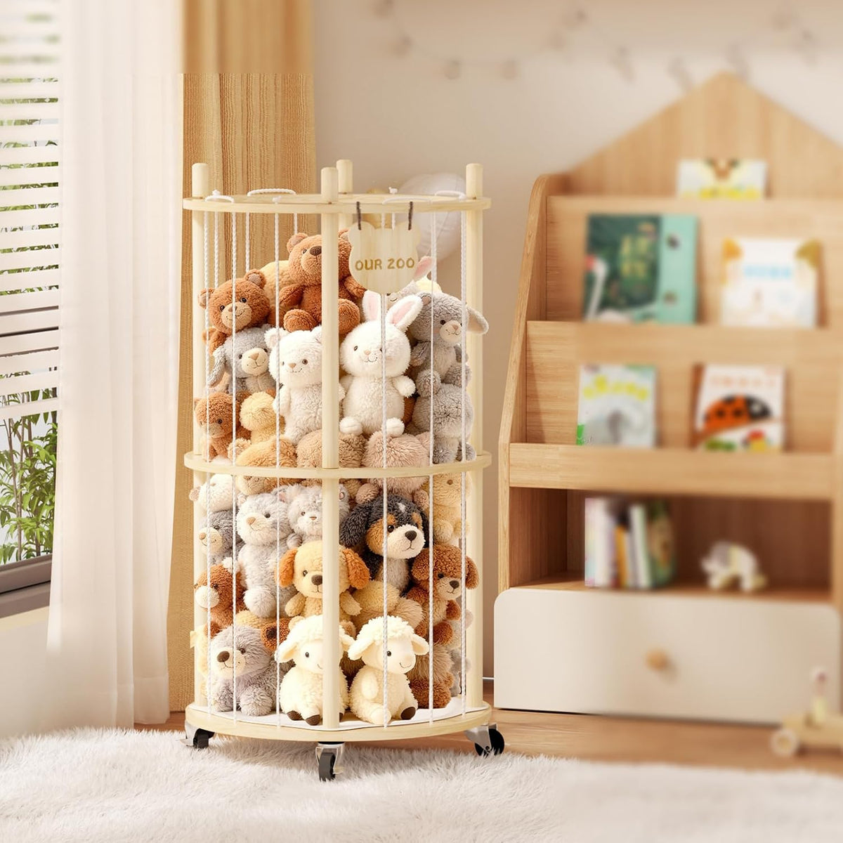 Toy Storage Chest Stuffed Animal Storage, 2-Tier Rotating Shelf with Natural Wood, Large Capacity Cylinder for Plush Toys & Home Decor, Living Room Organization