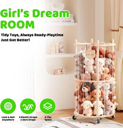 Toy Storage Chest Stuffed Animal Storage, 2-Tier Rotating Shelf with Natural Wood, Large Capacity Cylinder for Plush Toys & Home Decor, Living Room Organization