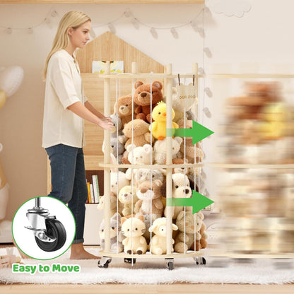 Toy Storage Chest Stuffed Animal Storage, 2-Tier Rotating Shelf with Natural Wood, Large Capacity Cylinder for Plush Toys & Home Decor, Living Room Organization