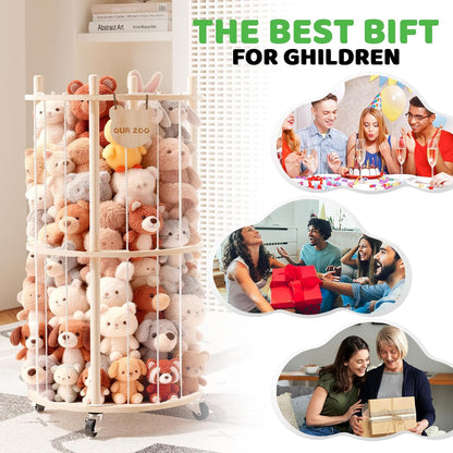 Toy Storage Chest Stuffed Animal Storage, 2-Tier Rotating Shelf with Natural Wood, Large Capacity Cylinder for Plush Toys & Home Decor, Living Room Organization