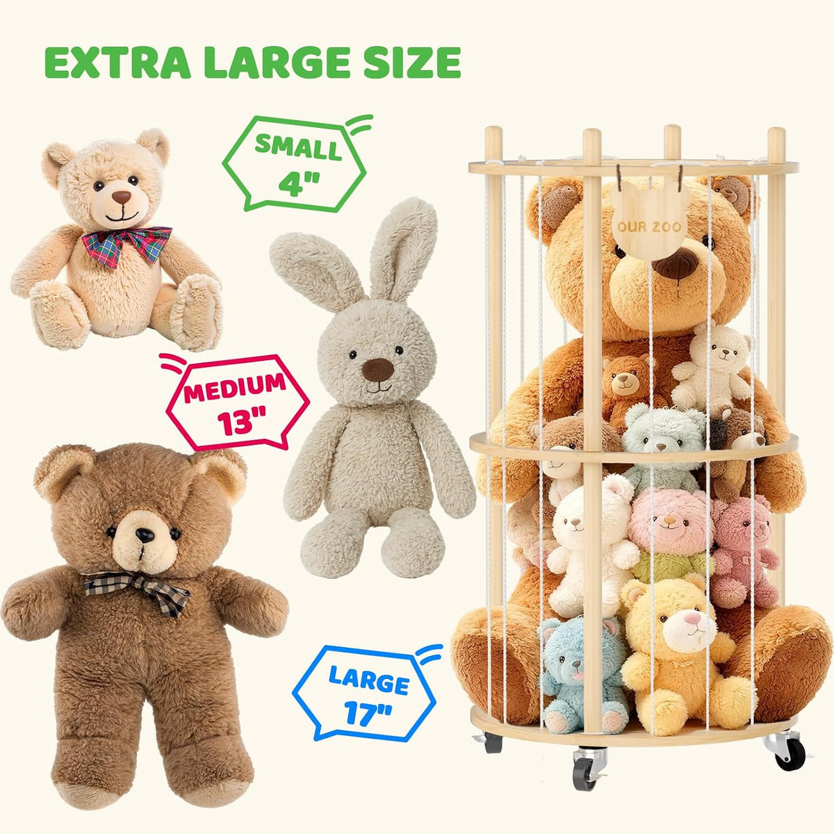 Toy Storage Chest Stuffed Animal Storage, 2-Tier Rotating Shelf with Natural Wood, Large Capacity Cylinder for Plush Toys & Home Decor, Living Room Organization