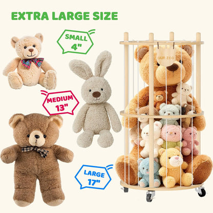 Toy Storage Chest Stuffed Animal Storage, 2-Tier Rotating Shelf with Natural Wood, Large Capacity Cylinder for Plush Toys & Home Decor, Living Room Organization