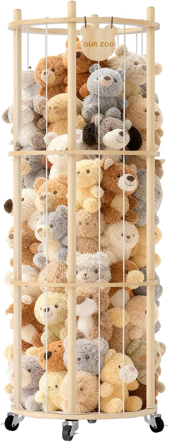 Toy Storage Chest Stuffed Animal Storage, 2-Tier Rotating Shelf with Natural Wood, Large Capacity Cylinder for Plush Toys & Home Decor, Living Room Organization