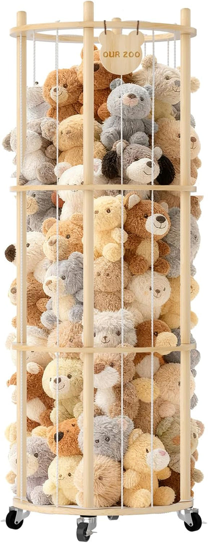 Toy Storage Chest Stuffed Animal Storage, 2-Tier Rotating Shelf with Natural Wood, Large Capacity Cylinder for Plush Toys & Home Decor, Living Room Organization