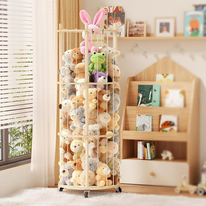 Toy Storage Chest Stuffed Animal Storage, 2-Tier Rotating Shelf with Natural Wood, Large Capacity Cylinder for Plush Toys & Home Decor, Living Room Organization