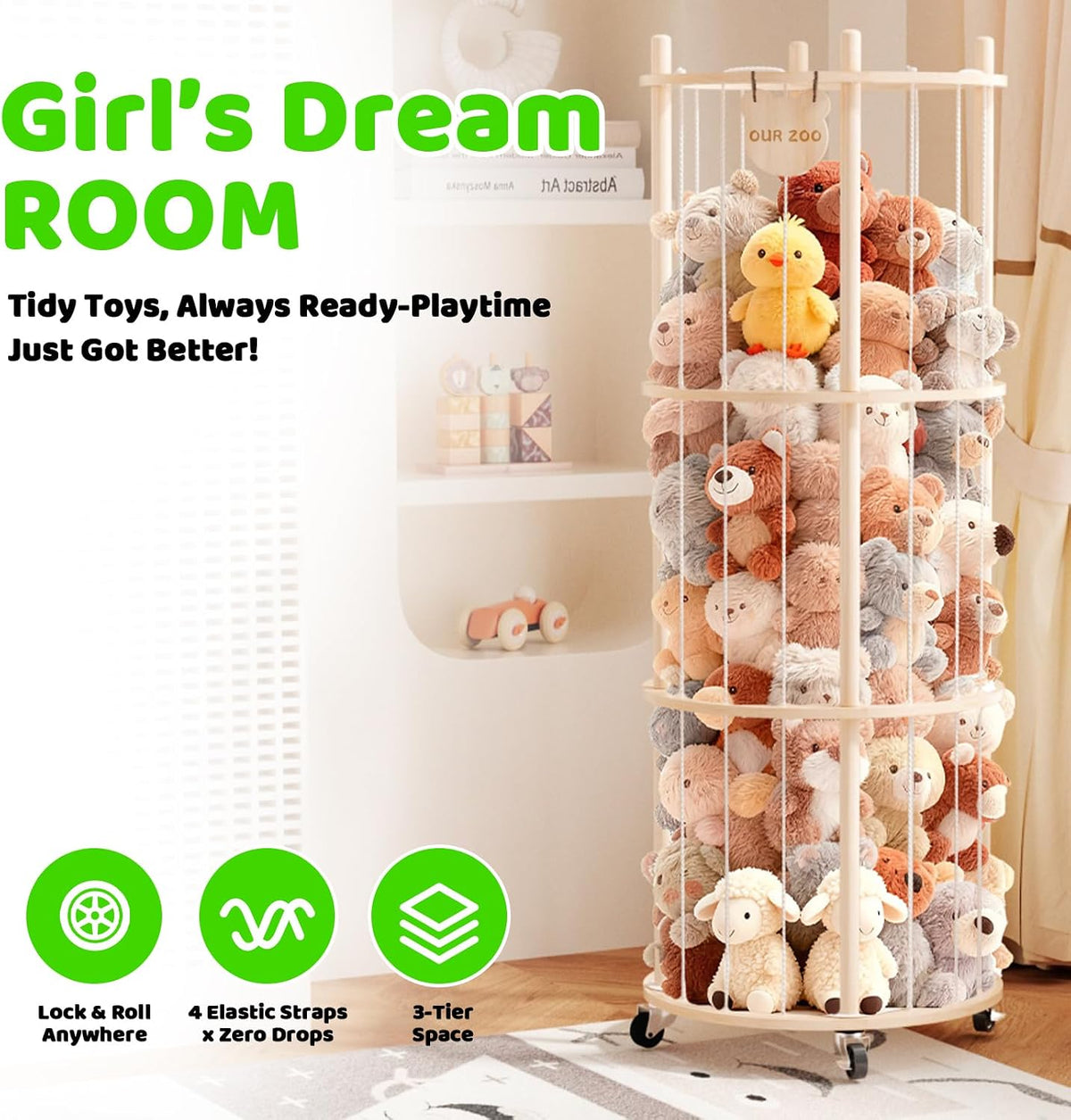 Toy Storage Chest Stuffed Animal Storage, 2-Tier Rotating Shelf with Natural Wood, Large Capacity Cylinder for Plush Toys & Home Decor, Living Room Organization