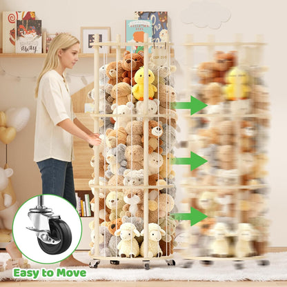 Toy Storage Chest Stuffed Animal Storage, 2-Tier Rotating Shelf with Natural Wood, Large Capacity Cylinder for Plush Toys & Home Decor, Living Room Organization