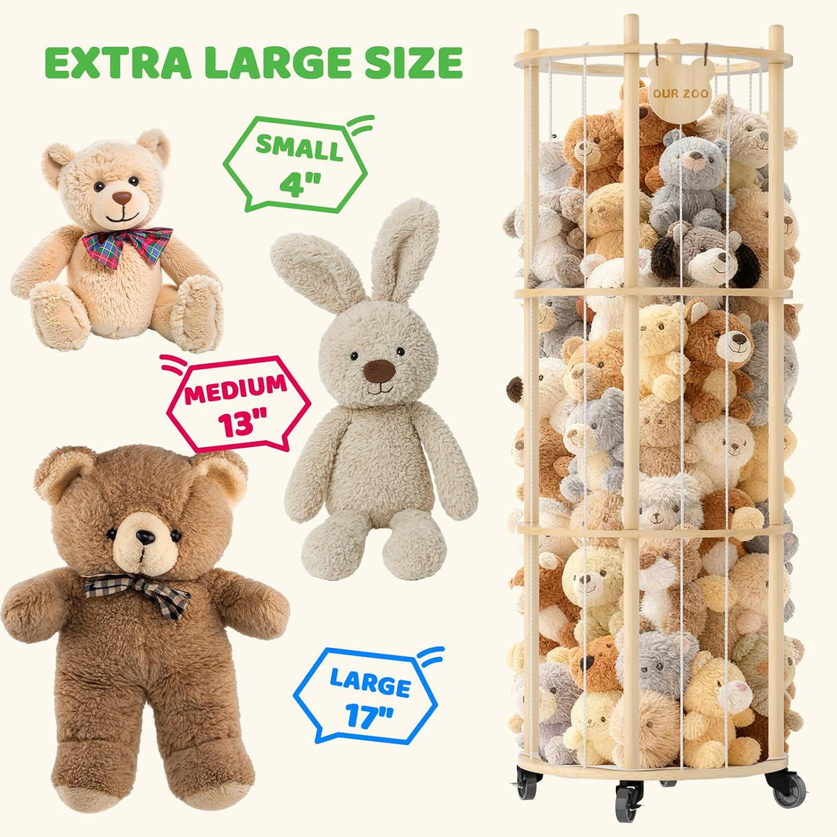 Toy Storage Chest Stuffed Animal Storage, 2-Tier Rotating Shelf with Natural Wood, Large Capacity Cylinder for Plush Toys & Home Decor, Living Room Organization
