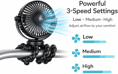 Portable Baby Stroller Fan – Flexible Tripod Fan with 360° Rotation, 3 Speed Settings, Rechargeable Quiet Mini Fan for Stroller, Car Seat, Crib & Travel