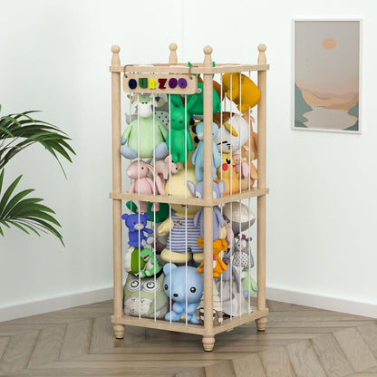 Stuffed Animal Storage Zoo, 40" Tall Solid Pine Wood Toy Organizer with Exclusive 3D Sign, Large Vertical Plushie Cage Holder with Elastic Cords for Playroom Corner & Nursery Decor L