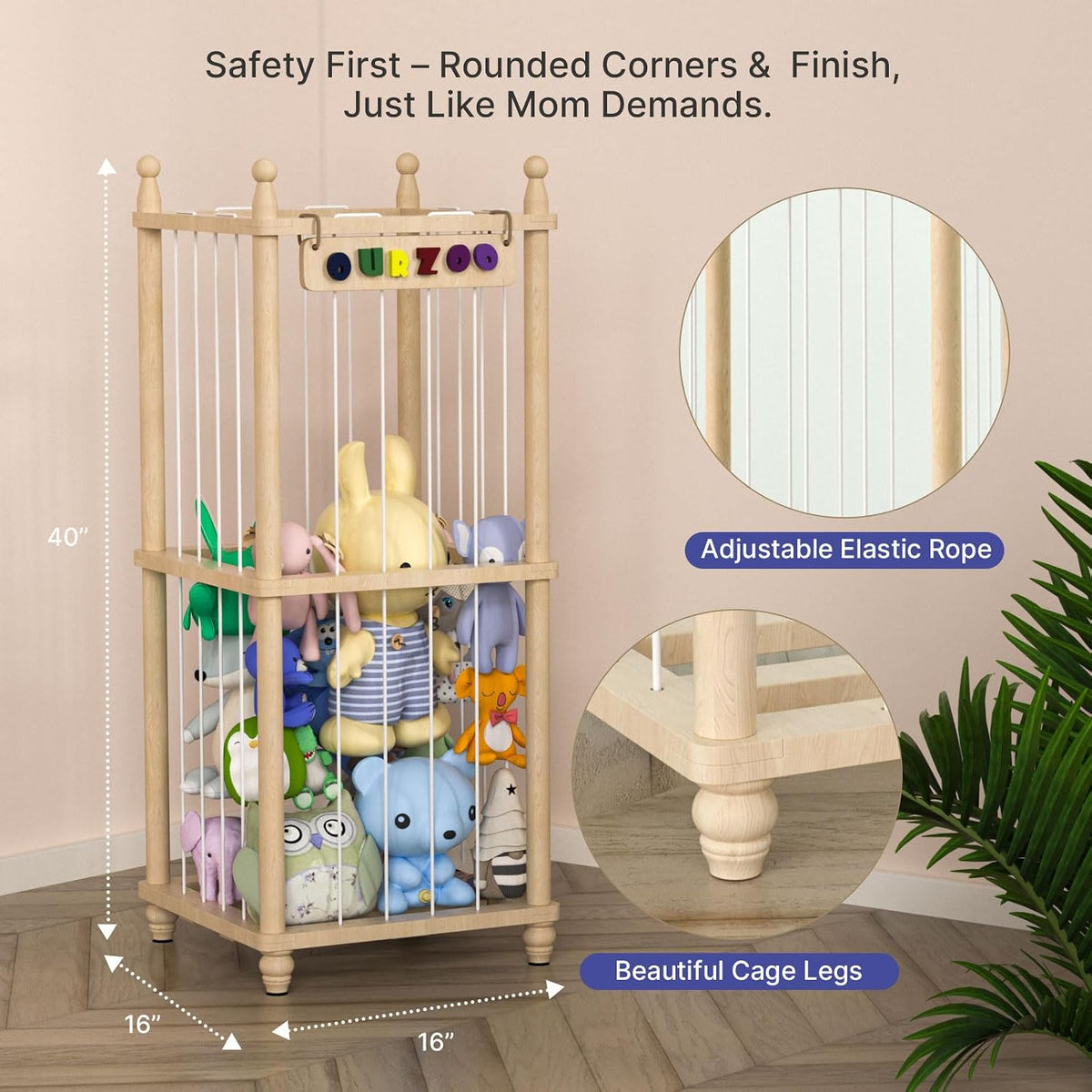 Stuffed Animal Storage Zoo, 40" Tall Solid Pine Wood Toy Organizer with Exclusive 3D Sign, Large Vertical Plushie Cage Holder with Elastic Cords for Playroom Corner & Nursery Decor L