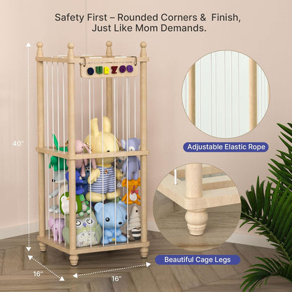 Stuffed Animal Storage Zoo, 40" Tall Solid Pine Wood Toy Organizer with Exclusive 3D Sign, Large Vertical Plushie Cage Holder with Elastic Cords for Playroom Corner & Nursery Decor L