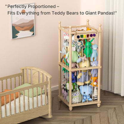 Stuffed Animal Storage Zoo, 40" Tall Solid Pine Wood Toy Organizer with Exclusive 3D Sign, Large Vertical Plushie Cage Holder with Elastic Cords for Playroom Corner & Nursery Decor L