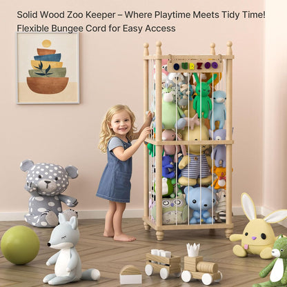 Stuffed Animal Storage Zoo, 40" Tall Solid Pine Wood Toy Organizer with Exclusive 3D Sign, Large Vertical Plushie Cage Holder with Elastic Cords for Playroom Corner & Nursery Decor L