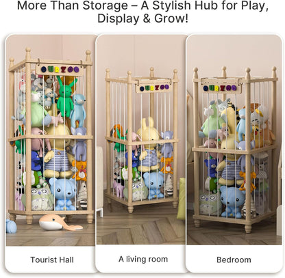 Stuffed Animal Storage Zoo, 40" Tall Solid Pine Wood Toy Organizer with Exclusive 3D Sign, Large Vertical Plushie Cage Holder with Elastic Cords for Playroom Corner & Nursery Decor L