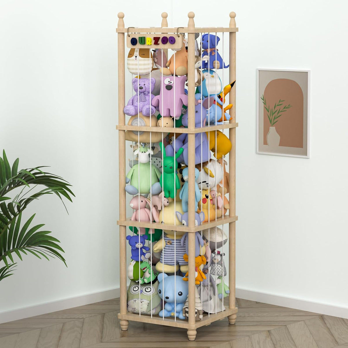 Stuffed Animal Storage Zoo, 40" Tall Solid Pine Wood Toy Organizer with Exclusive 3D Sign, Large Vertical Plushie Cage Holder with Elastic Cords for Playroom Corner & Nursery Decor L