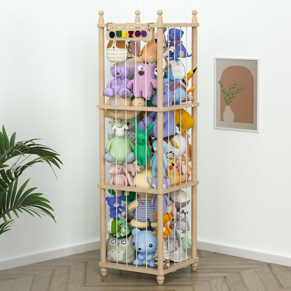 Stuffed Animal Storage Zoo, 40" Tall Solid Pine Wood Toy Organizer with Exclusive 3D Sign, Large Vertical Plushie Cage Holder with Elastic Cords for Playroom Corner & Nursery Decor L