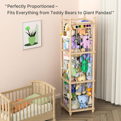 Stuffed Animal Storage Zoo, 40" Tall Solid Pine Wood Toy Organizer with Exclusive 3D Sign, Large Vertical Plushie Cage Holder with Elastic Cords for Playroom Corner & Nursery Decor L