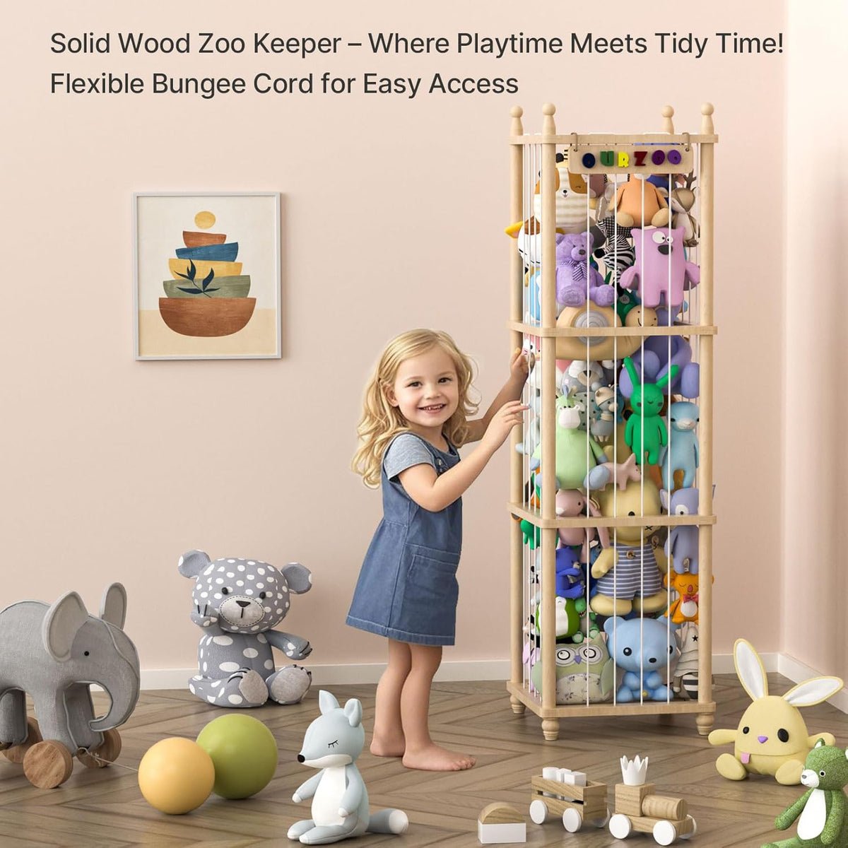 Stuffed Animal Storage Zoo, 40" Tall Solid Pine Wood Toy Organizer with Exclusive 3D Sign, Large Vertical Plushie Cage Holder with Elastic Cords for Playroom Corner & Nursery Decor L