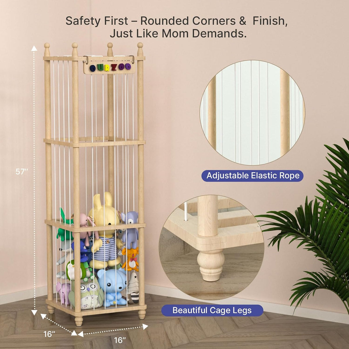 Stuffed Animal Storage Zoo, 40" Tall Solid Pine Wood Toy Organizer with Exclusive 3D Sign, Large Vertical Plushie Cage Holder with Elastic Cords for Playroom Corner & Nursery Decor L