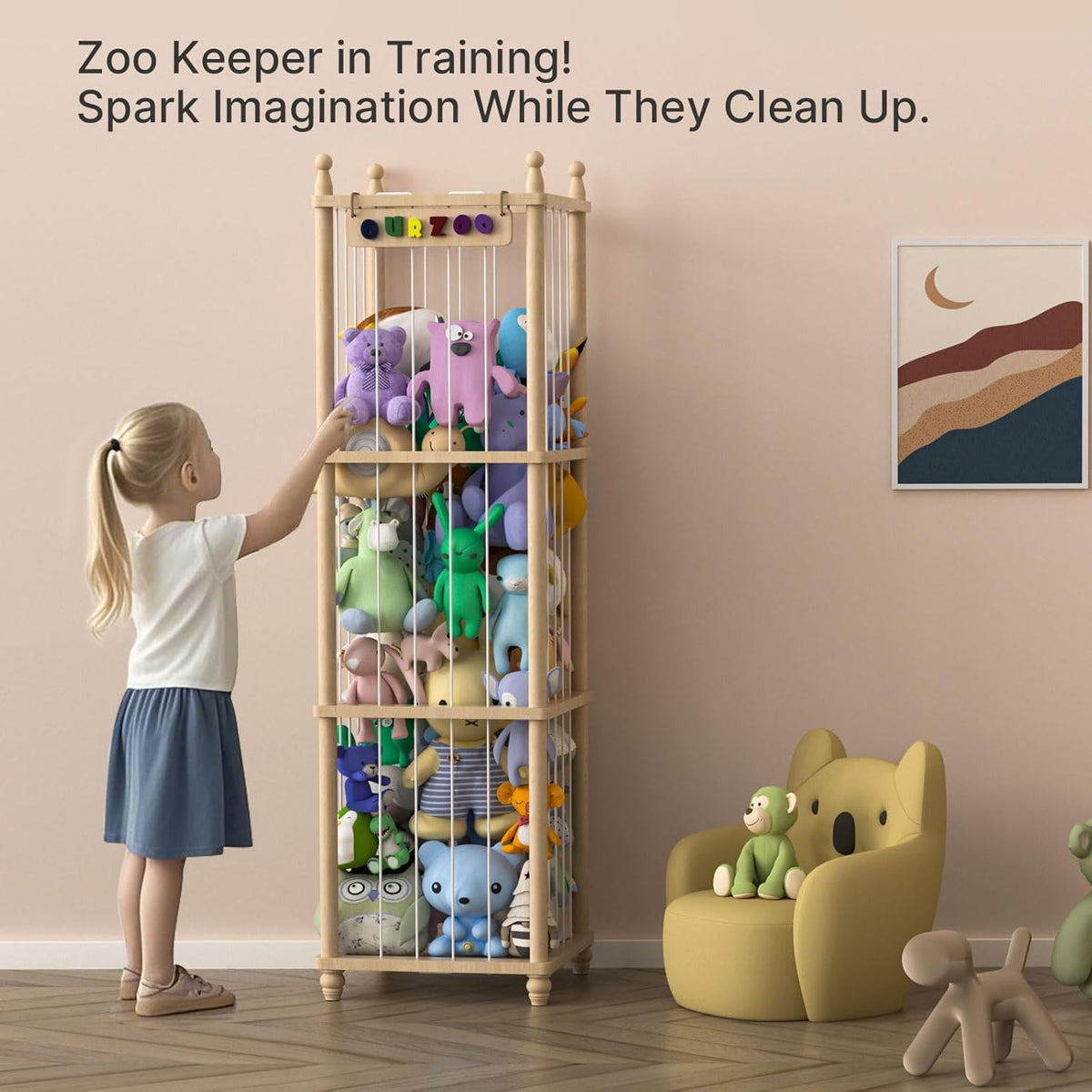 Stuffed Animal Storage Zoo, 40" Tall Solid Pine Wood Toy Organizer with Exclusive 3D Sign, Large Vertical Plushie Cage Holder with Elastic Cords for Playroom Corner & Nursery Decor L