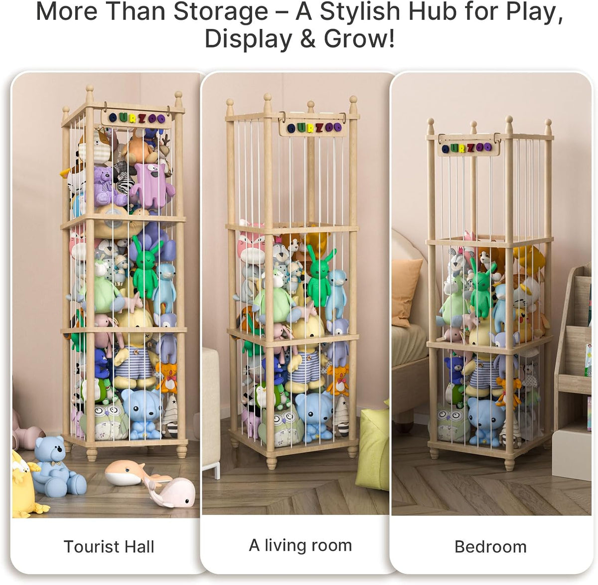 Stuffed Animal Storage Zoo, 40" Tall Solid Pine Wood Toy Organizer with Exclusive 3D Sign, Large Vertical Plushie Cage Holder with Elastic Cords for Playroom Corner & Nursery Decor L