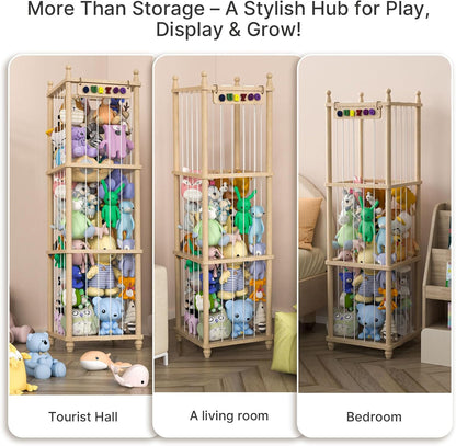 Stuffed Animal Storage Zoo, 40" Tall Solid Pine Wood Toy Organizer with Exclusive 3D Sign, Large Vertical Plushie Cage Holder with Elastic Cords for Playroom Corner & Nursery Decor L