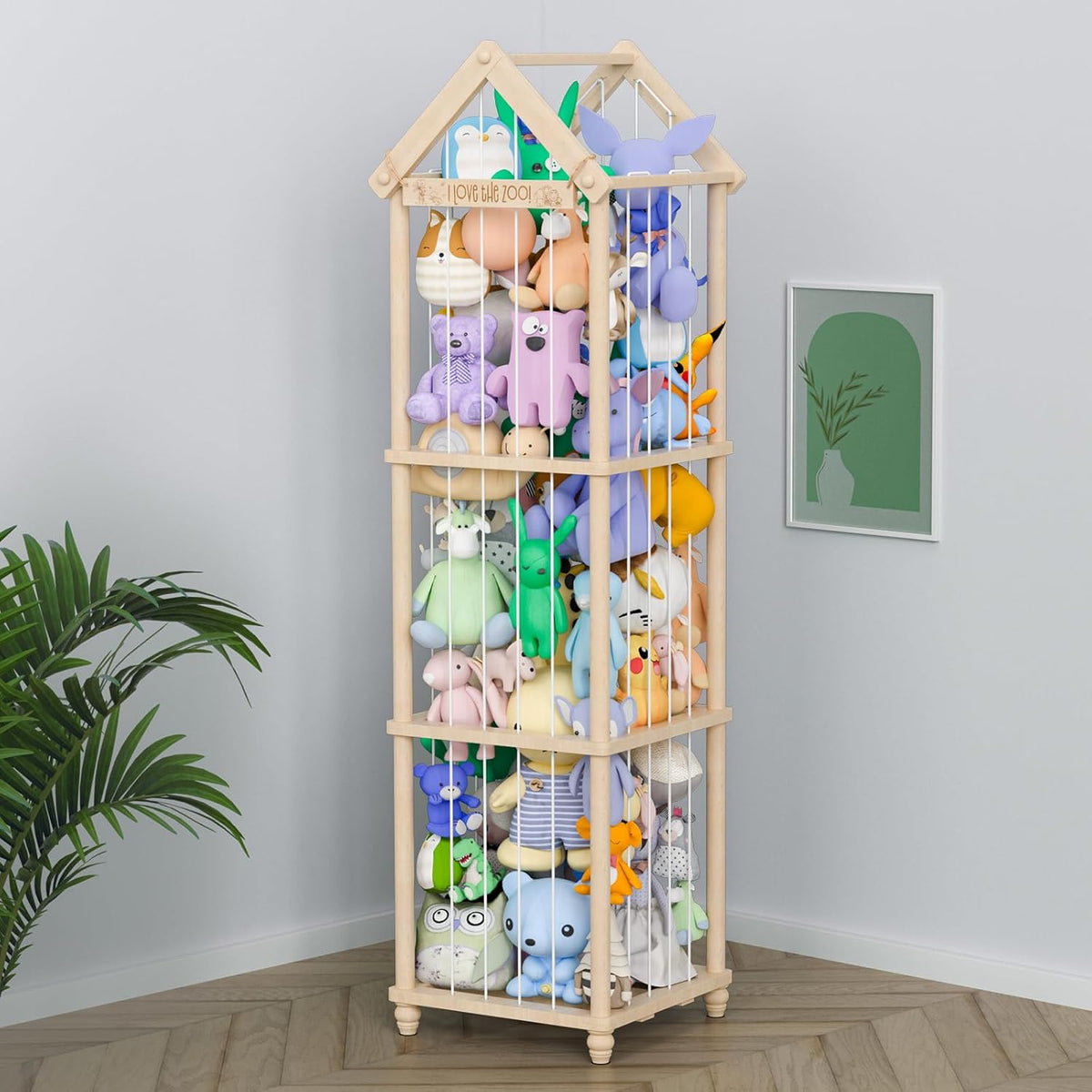 Stuffed Animal Storage Zoo, 40" Tall Solid Pine Wood Toy Organizer with Exclusive 3D Sign, Large Vertical Plushie Cage Holder with Elastic Cords for Playroom Corner & Nursery Decor L