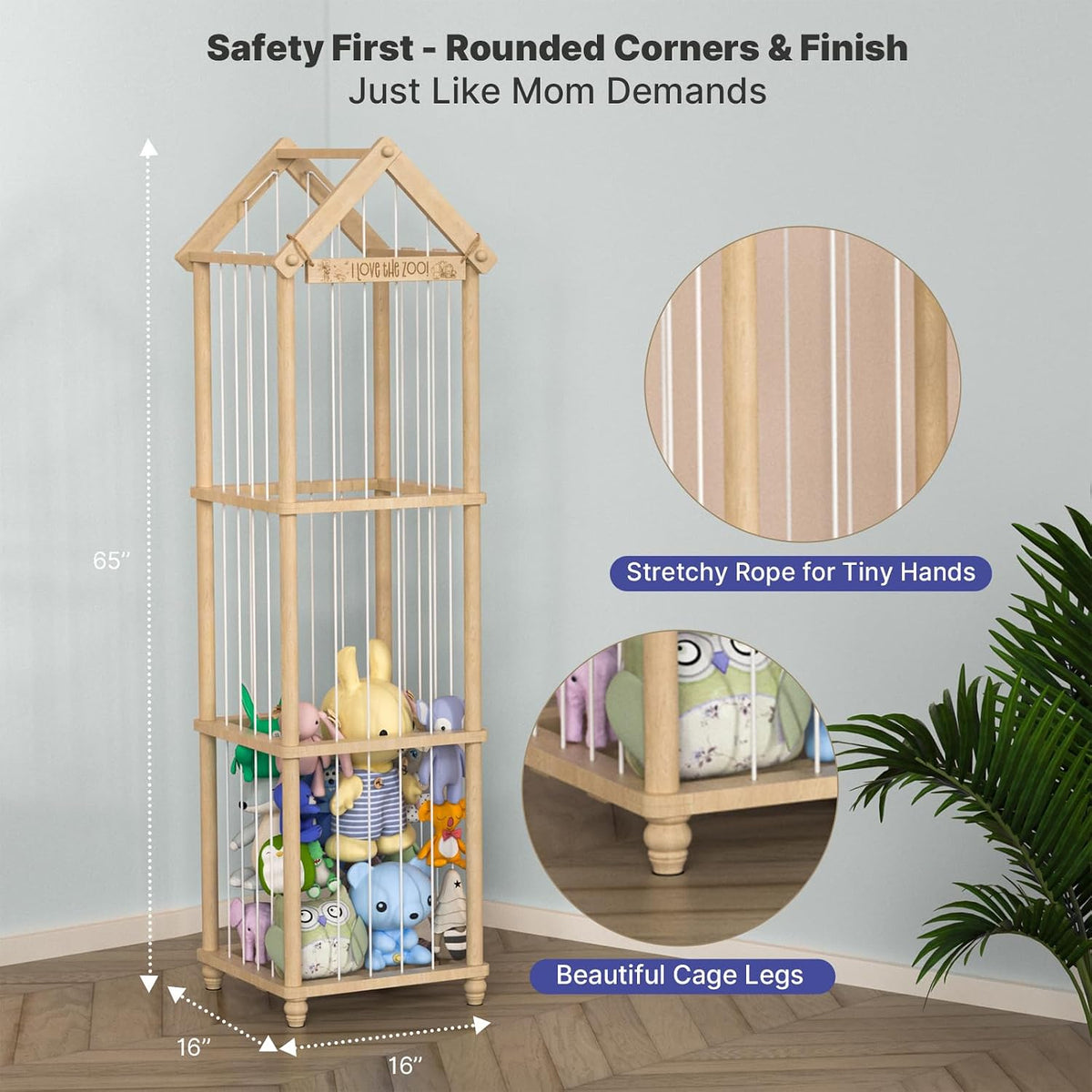 Stuffed Animal Storage Zoo, 40" Tall Solid Pine Wood Toy Organizer with Exclusive 3D Sign, Large Vertical Plushie Cage Holder with Elastic Cords for Playroom Corner & Nursery Decor L