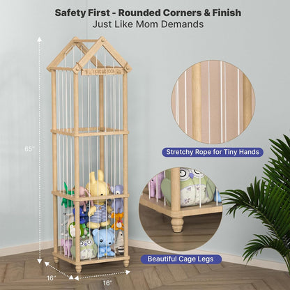 Stuffed Animal Storage Zoo, 40" Tall Solid Pine Wood Toy Organizer with Exclusive 3D Sign, Large Vertical Plushie Cage Holder with Elastic Cords for Playroom Corner & Nursery Decor L