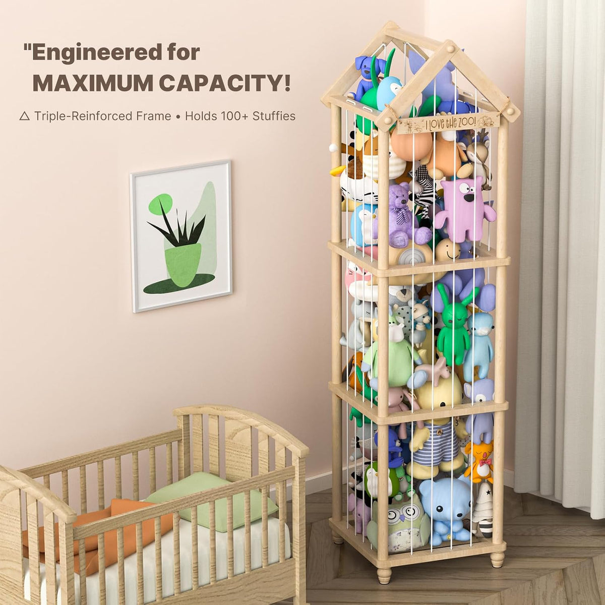 Stuffed Animal Storage Zoo, 40" Tall Solid Pine Wood Toy Organizer with Exclusive 3D Sign, Large Vertical Plushie Cage Holder with Elastic Cords for Playroom Corner & Nursery Decor L