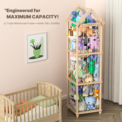 Stuffed Animal Storage Zoo, 40" Tall Solid Pine Wood Toy Organizer with Exclusive 3D Sign, Large Vertical Plushie Cage Holder with Elastic Cords for Playroom Corner & Nursery Decor L
