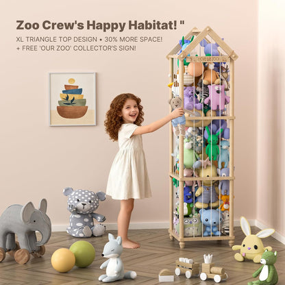 Stuffed Animal Storage Zoo, 40" Tall Solid Pine Wood Toy Organizer with Exclusive 3D Sign, Large Vertical Plushie Cage Holder with Elastic Cords for Playroom Corner & Nursery Decor L