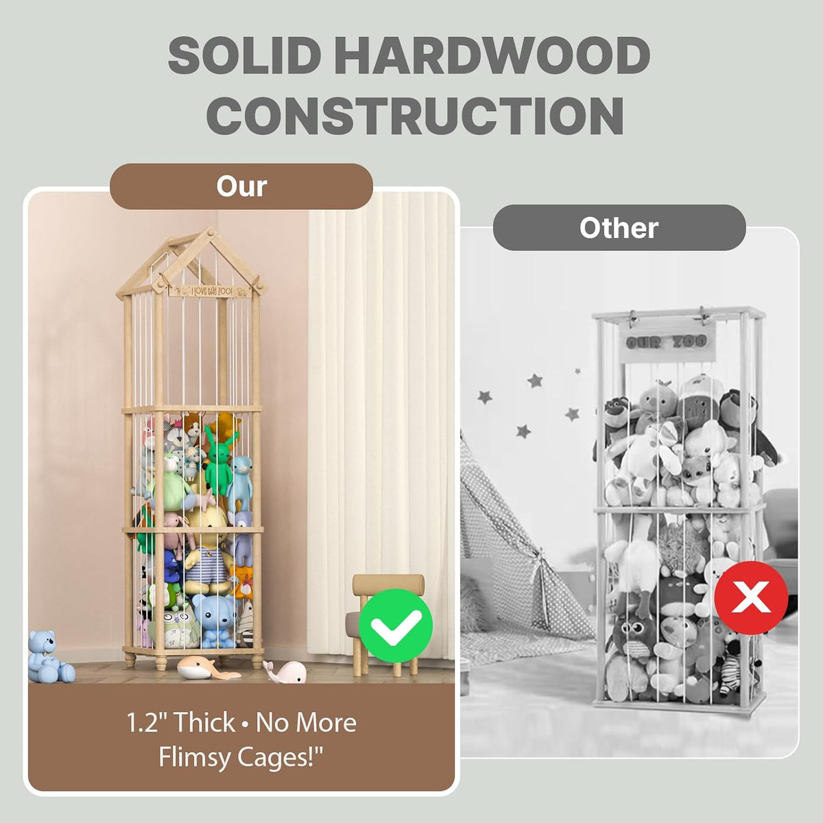 Stuffed Animal Storage Zoo, 40" Tall Solid Pine Wood Toy Organizer with Exclusive 3D Sign, Large Vertical Plushie Cage Holder with Elastic Cords for Playroom Corner & Nursery Decor L