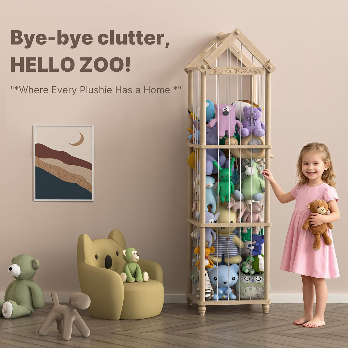 Stuffed Animal Storage Zoo, 40" Tall Solid Pine Wood Toy Organizer with Exclusive 3D Sign, Large Vertical Plushie Cage Holder with Elastic Cords for Playroom Corner & Nursery Decor L