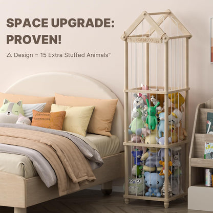 Stuffed Animal Storage Zoo, 40" Tall Solid Pine Wood Toy Organizer with Exclusive 3D Sign, Large Vertical Plushie Cage Holder with Elastic Cords for Playroom Corner & Nursery Decor L