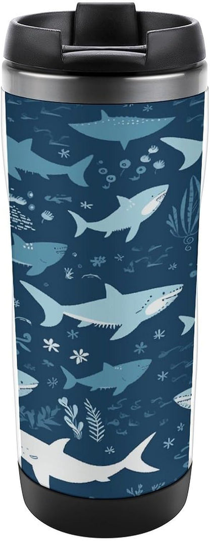 13oz Insulated Travel Coffee Mug Reusable Coffee Cup Water Bottle | Sharksm Travel Mug with Leak Proof Lid Double Wall Stainless Steel Coffee Tumbler Personalized Gift