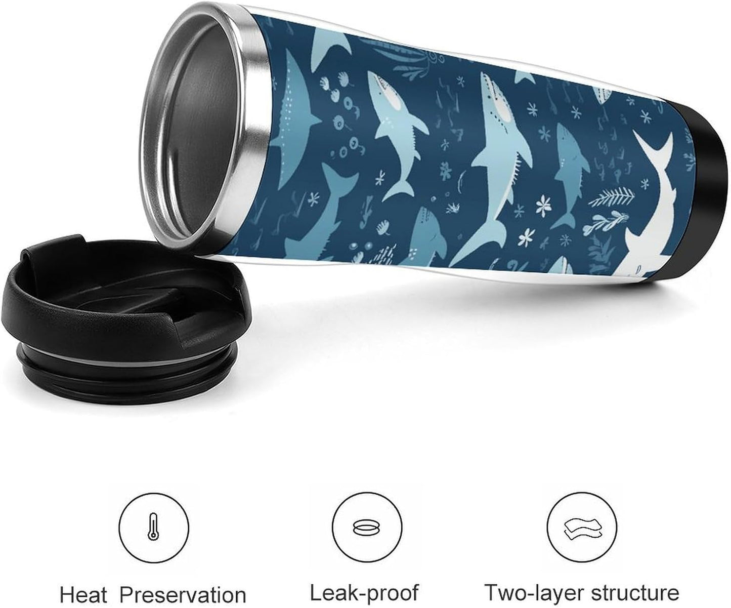 13oz Insulated Travel Coffee Mug Reusable Coffee Cup Water Bottle | Sharksm Travel Mug with Leak Proof Lid Double Wall Stainless Steel Coffee Tumbler Personalized Gift