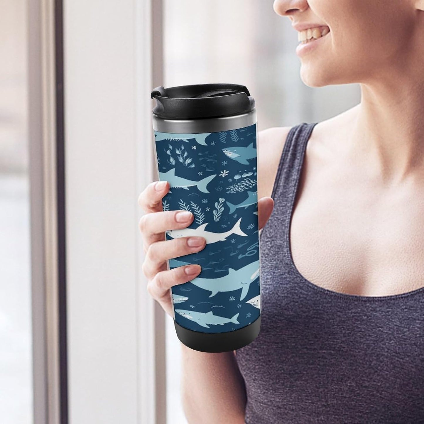 13oz Insulated Travel Coffee Mug Reusable Coffee Cup Water Bottle | Sharksm Travel Mug with Leak Proof Lid Double Wall Stainless Steel Coffee Tumbler Personalized Gift