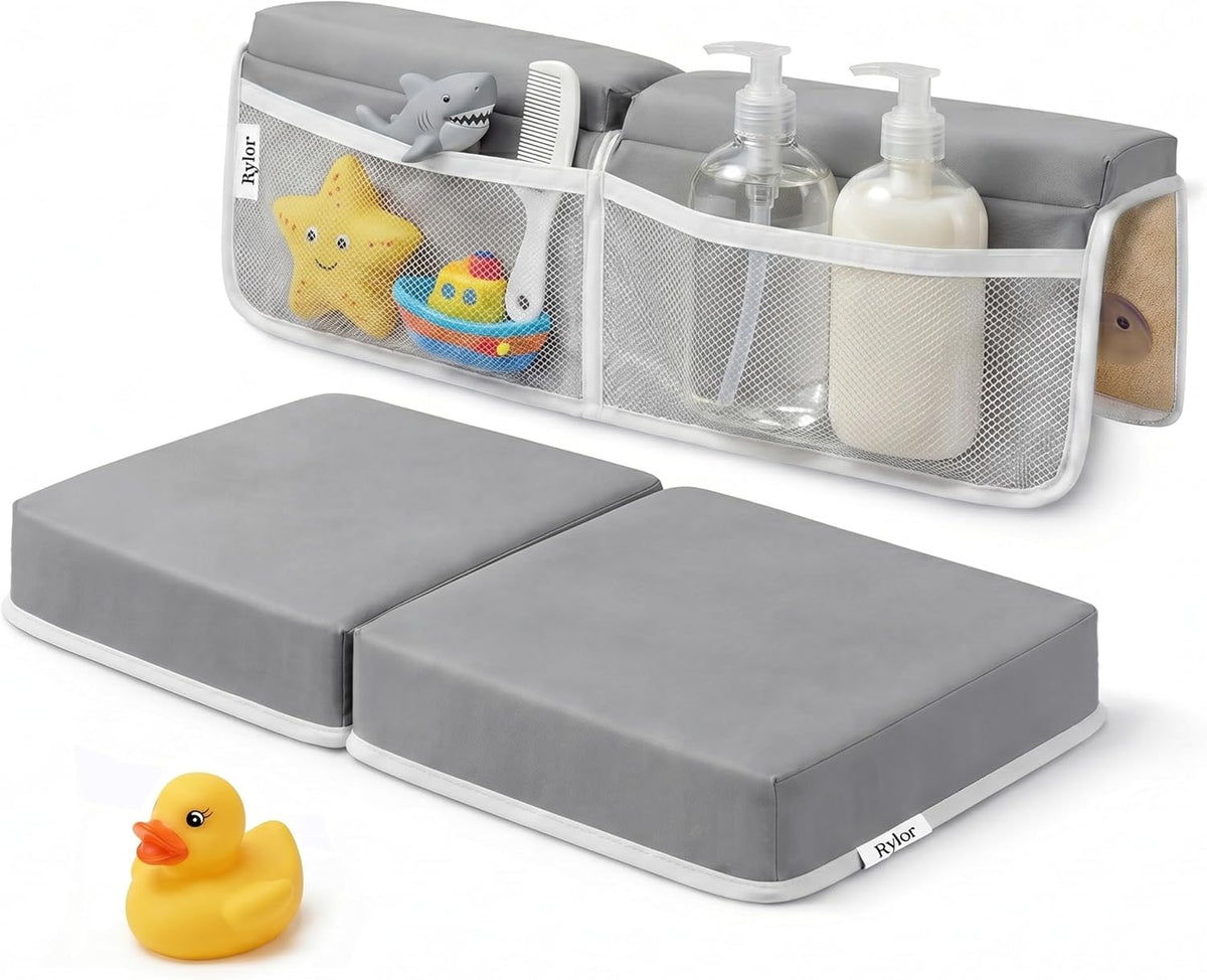 Premium Baby Bath Kneeler Mat & Elbow Rest Pad Set – Comfortable Bath Kneeler and Elbow Kneeling Rest Pad for Parents, Extra Long 26'', 2.4'' Thick, Non-Slip Support for Easy Bath Time (Gray)